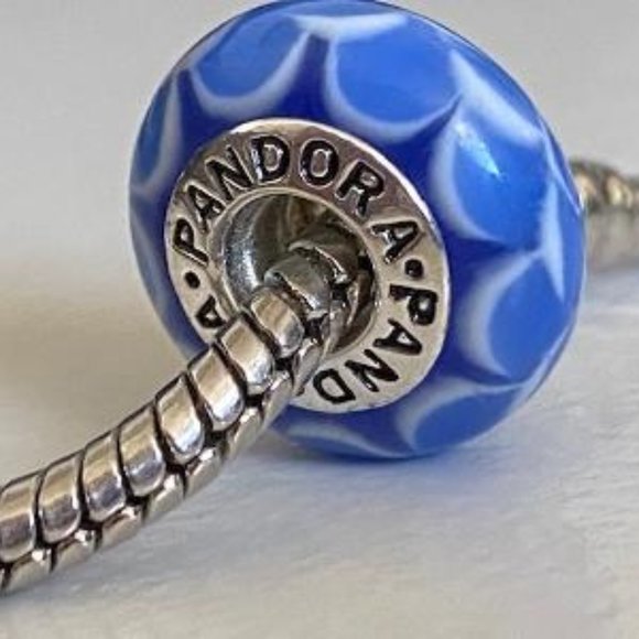 PANDORA Silver 925 ALE Murano Glass Screw Core Stacked Petals Blue Bead - Picture 5 of 8